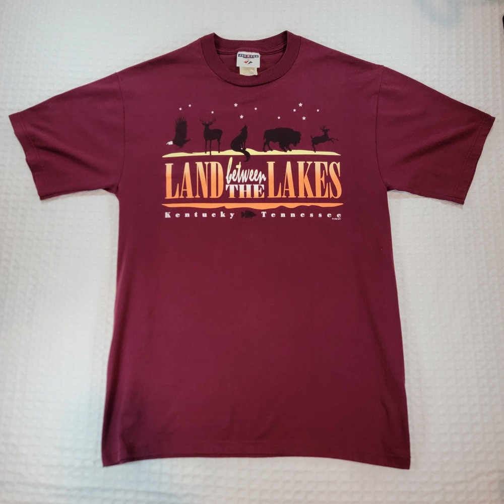 Vintage 1996 Jerzees Land Between the Lakes T-Shirt Maroon Mens M Wildlife 90s